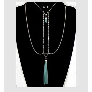 Necklace Earrings Gold Turquoise Layered Chain Pendant Tassel Women 15”-18”L Set